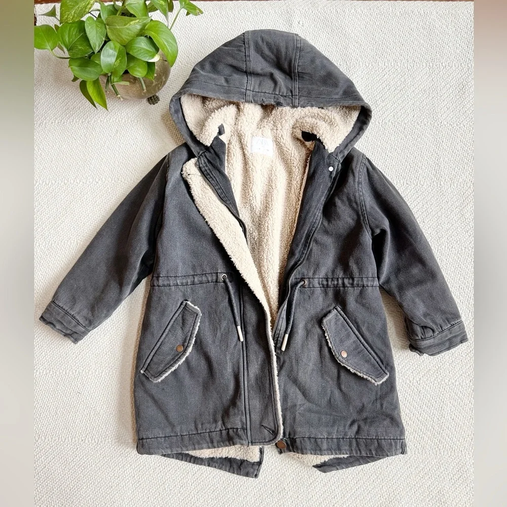 Zara Fleece Lined Black Denim Parka Coat